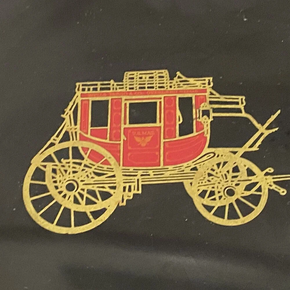 COUROC WELLS FARGO STAGECOACH TRAY PLATE VINTAGE WOOD AND BRASS INLAY